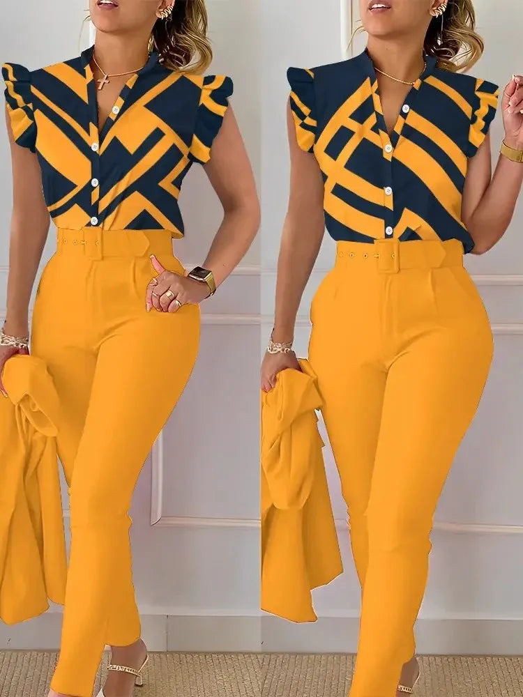 Elegant Womens Slim Two-Piece Sets Summer Fashion Print V Neck Button Flying Sleeve Shirt Top & Solid Long Pants Suits With Belt