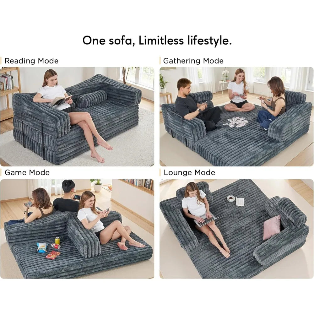 VanAcc Foldable Sofa Bed, Convertible Floor Sofa with Plush Faux Fur, No Assembly Mattress Couch for Living Room