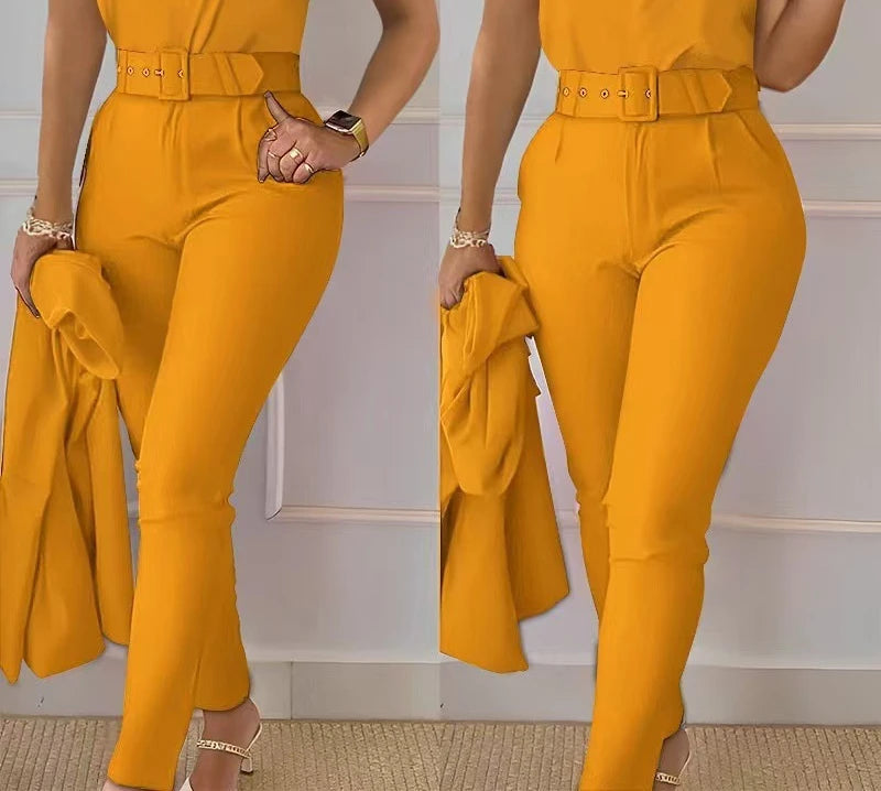 2 Piece Sets Womens Outifits Casual Fashion Slim Fit Sleeveless Top Solid Pants with Belt Suit for Female Summer Fall 2024 New