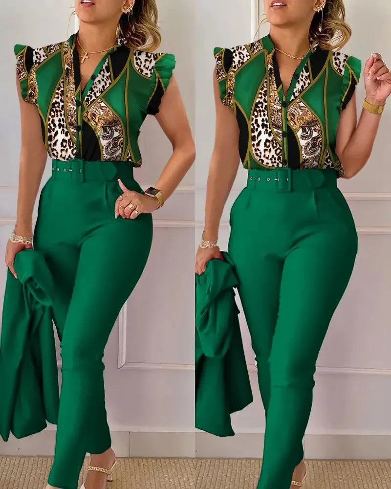 Elegant Womens Slim Two-Piece Sets Summer Fashion Print V Neck Button Flying Sleeve Shirt Top & Solid Long Pants Suits With Belt