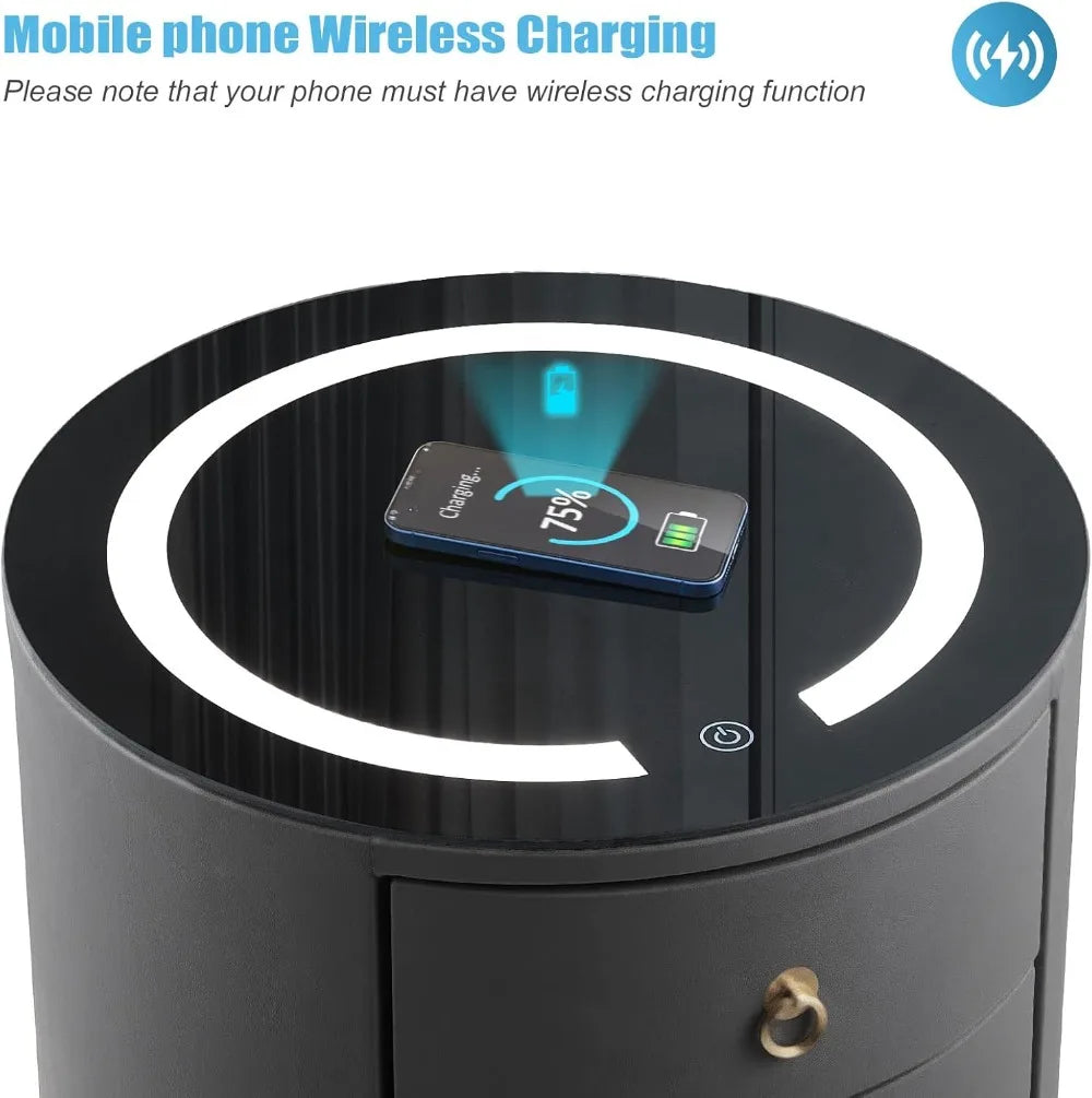 Smart Nightstand with Wireless Charging Station & LED Lights, Modern Round Bedside Table with 3 Drawers, Faux Leather End Table