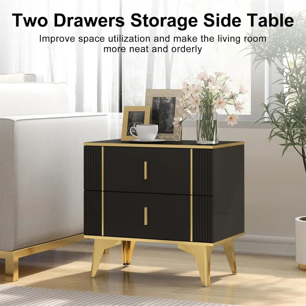 Nightstands Set of 2, Wood Bedside Table with 2 Drawers, End Table with Striped Surface Metal Handle Legs