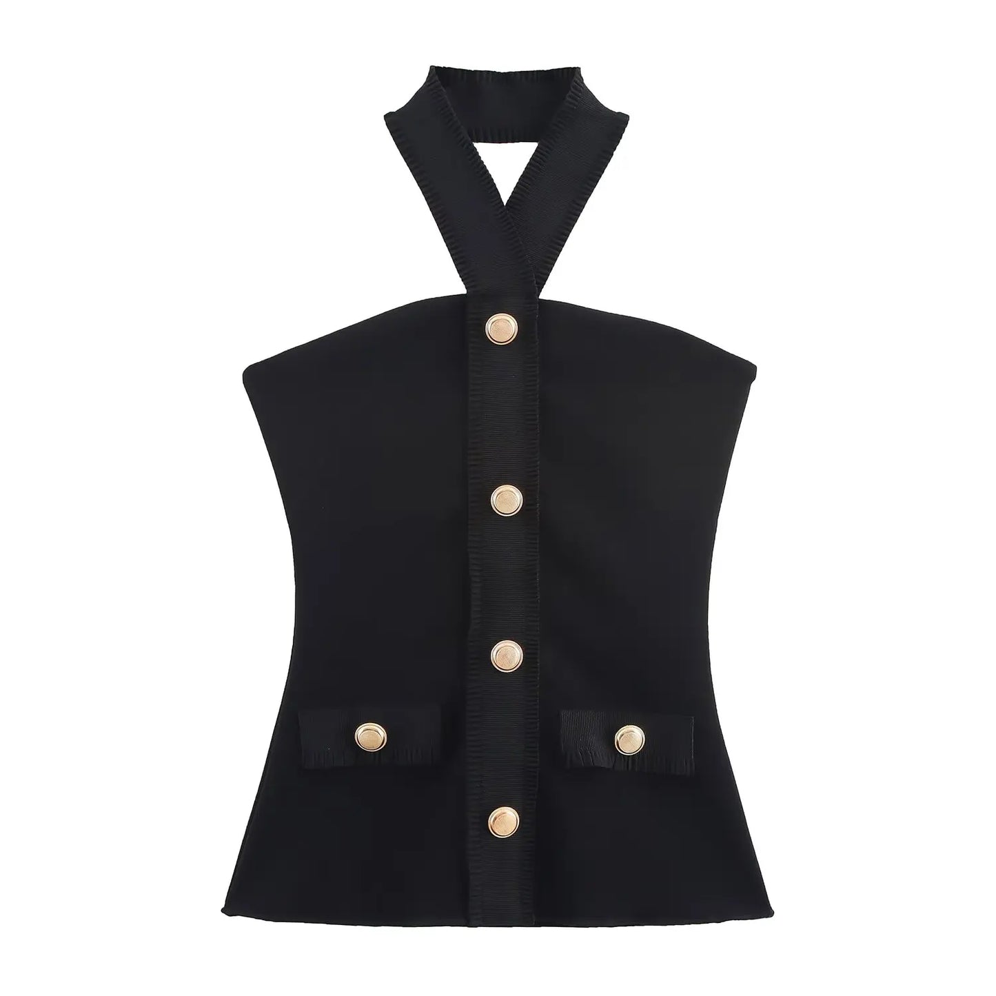 HH Women Suit Black Elasticity Neck Halter Button Design Sleeveless Backless Sexy Top+Elastic Waist Casual Slim Long Pant
