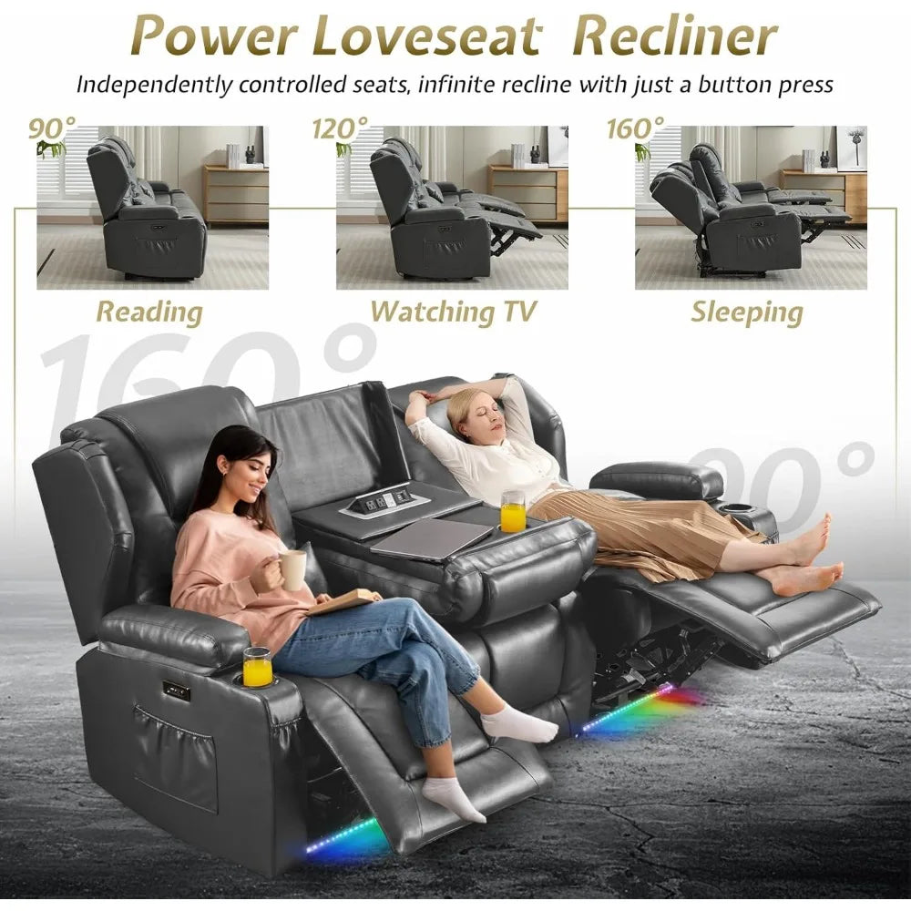 Loveseat Recliner Sofa with Power Recline, Adjustable Split Back, Multi-Port Charger, Flip-Up Backrest & LED Lighting – Home Th