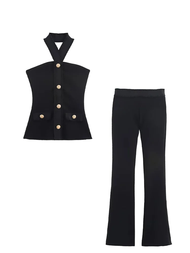 HH Women Suit Black Elasticity Neck Halter Button Design Sleeveless Backless Sexy Top+Elastic Waist Casual Slim Long Pant
