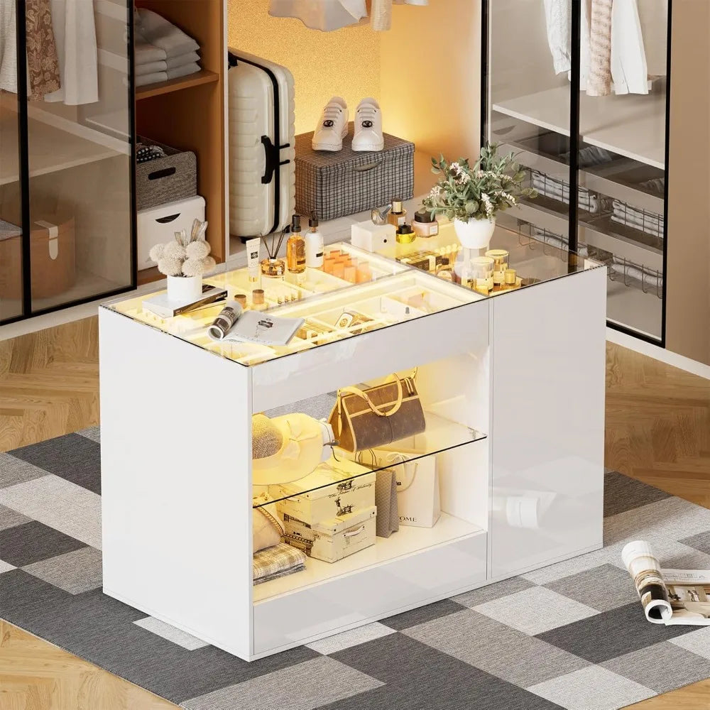 Closet Island with Drawers, Glossy Wardrobe Armoire Bedroom Island, Makeup Vanity Storage Island with Glass Tabletop&LED Light,