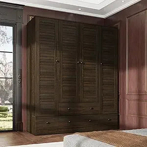 Large Wardrobe Armoire with Multi-Tier Shelves, 5 Drawers, Hanging Rod & 4 Louver Doors, Wooden Closet Storage Cabinet for Bedr