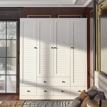 Large Wardrobe Armoire with Multi-Tier Shelves, 5 Drawers, Hanging Rod & 4 Louver Doors, Wooden Closet Storage Cabinet for Bedr