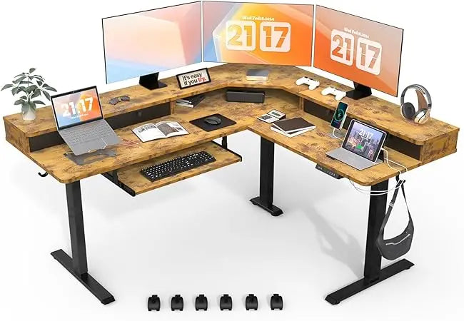 L Shaped Standing Desk with USB Charging Port & 4 Drawers,63 x 55 inch Electric Adjustable Height Corner Stand Up Desk with Keyb