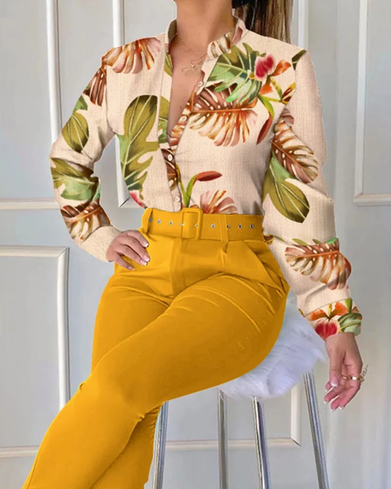 Spring New Printed Long Sleeved Shirt Suit Women's Slim Retro Stand Collar Pocket Small Foot Trousers Two Piece Set With Belt