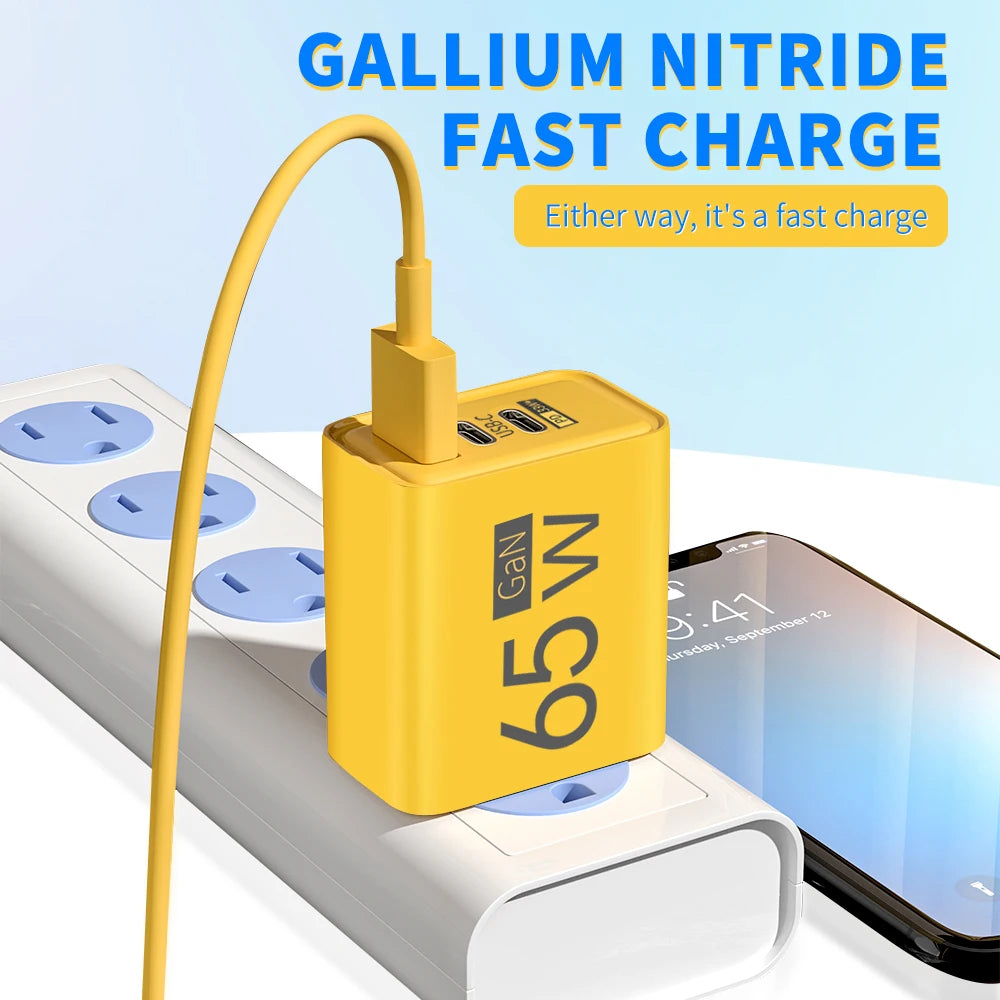 GaN 65W USB C Charger 3 Port PD Quick Charge Wall Plug Adapter For iPhone 15 14 Samsung Xiaomi Huawei EU US Travel Fast Charger