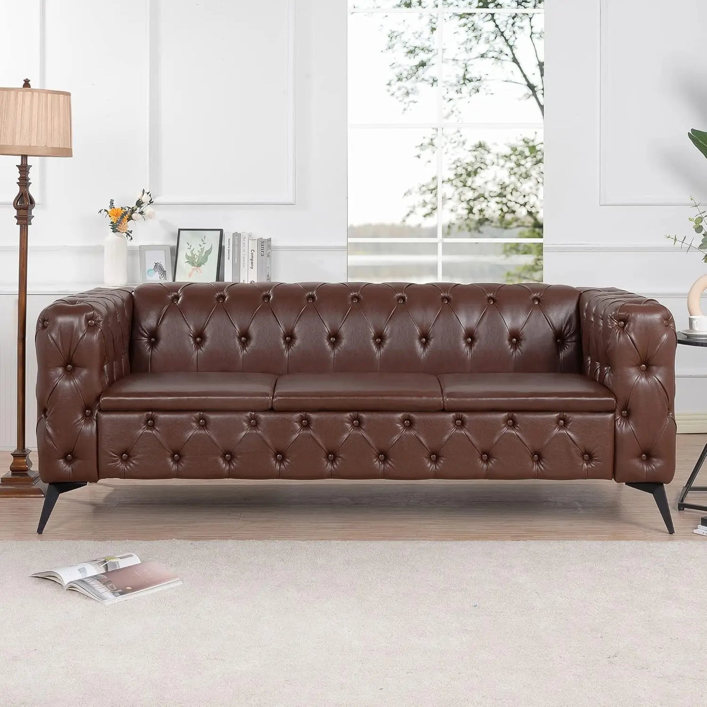 78.75 Upholstered Chesterfield Couch, Modern 3 Seater Sofa with Tufted Back and Square Arms Wood Leg, Nailhead Sofa for Living