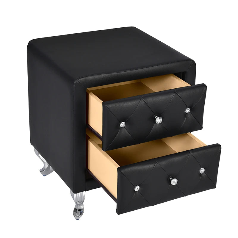 Elegant PU Nightstand with 2 Drawers and Crystal Handle,Fully Assembled Except Legs&Handles,Storage Bedside Table with Metal Leg
