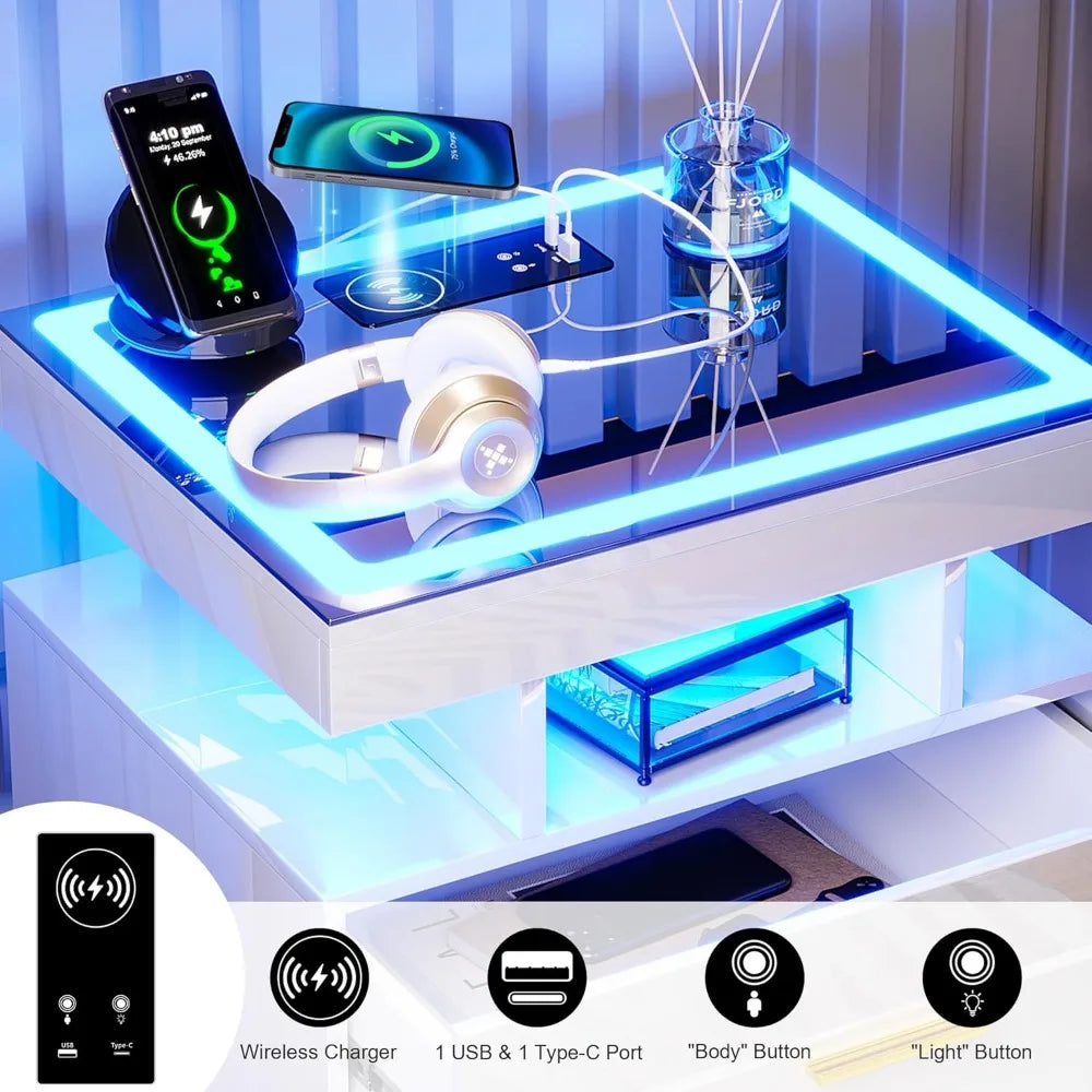 LED Nightstand with Charging Station High Gloss Bedside Table with 2 Drawers, Smart Night Stand with Auto Sensor Lights