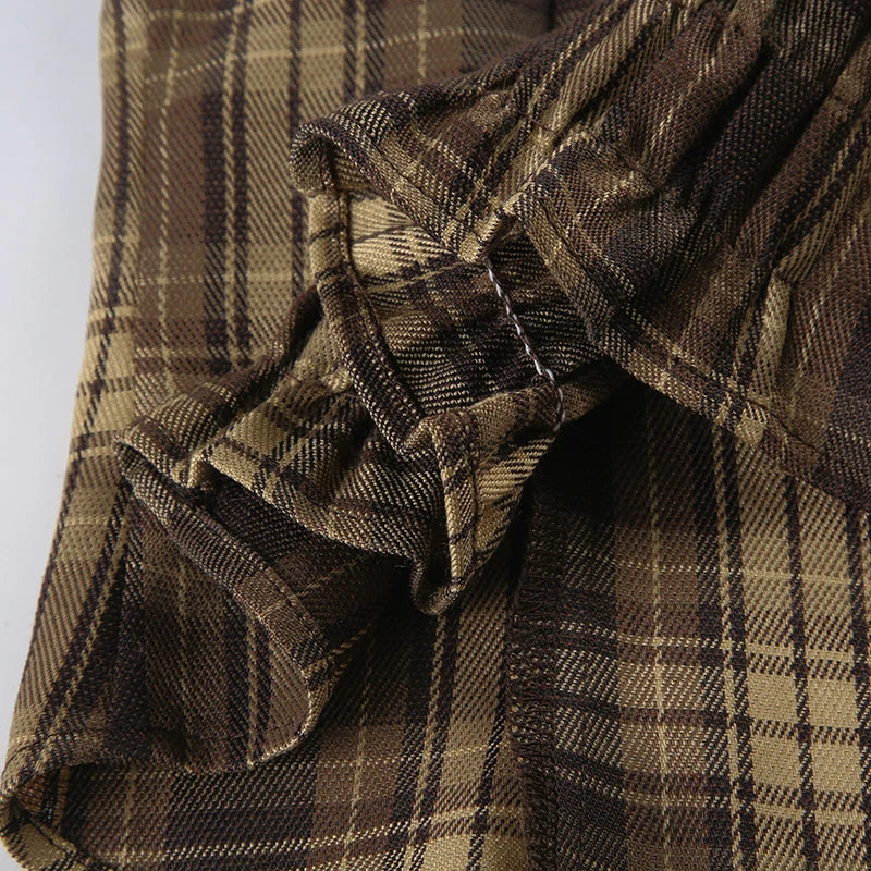 BIIKPIIK Vintage Plaid Short Sleeve Casual Shirts Gentle Sweet Turndown Collar Button Frill Puff Sleeve Shirt Spring Summer Tops