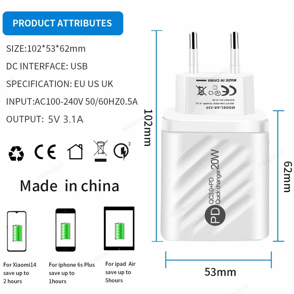 USB C Charger 20W PD Fast Charging Phone Charger Adapter For iPhone Samsung Xiaomi Huawei Quick Charge EU/US Plug Wall Charger