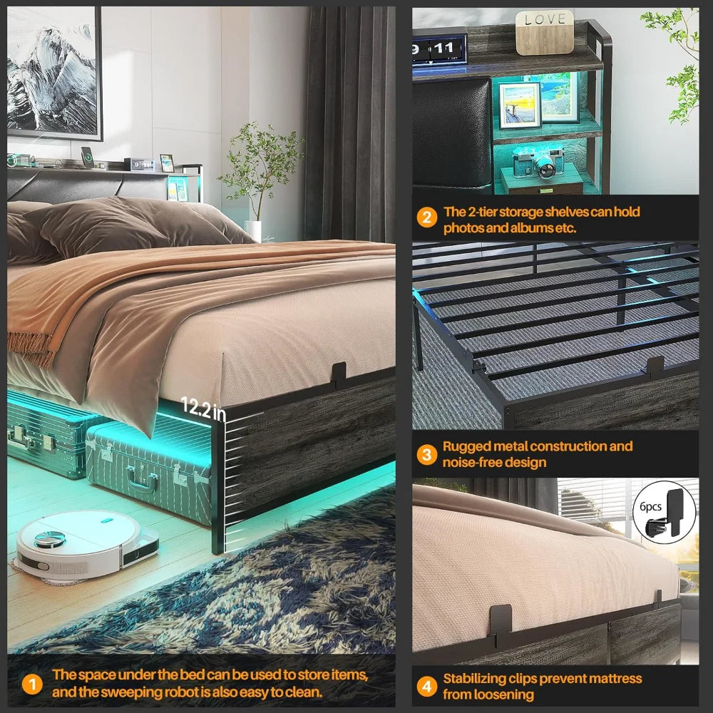 LED King Size Bed Frame with Charging Outlets & Sturdy Bed W/Upholstered Headboard, Heavy Duty Metal Slats, No Box Spring Needed