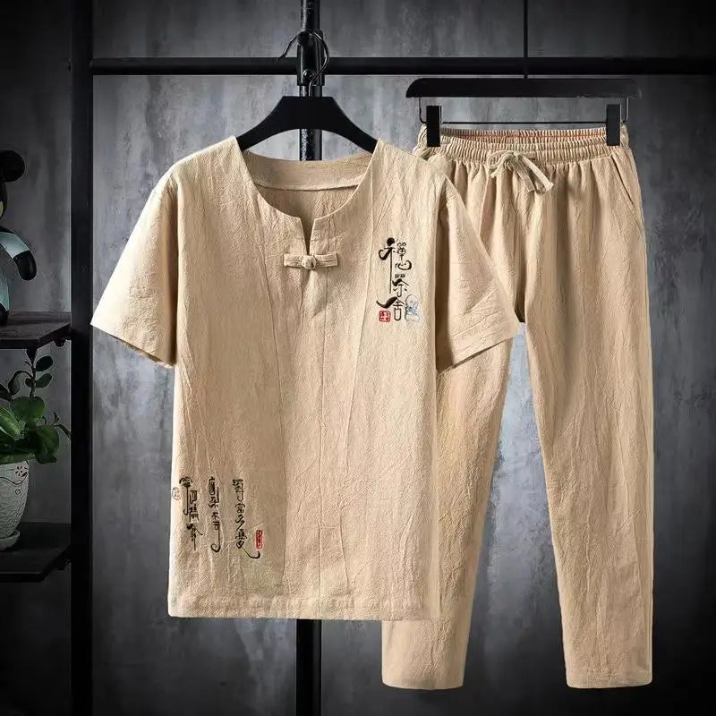 (Shirt + trousers)2025 summer Chinese Style men shirt Cotton and linen shirts men's High quality casual shirts Two Piece M-5XL