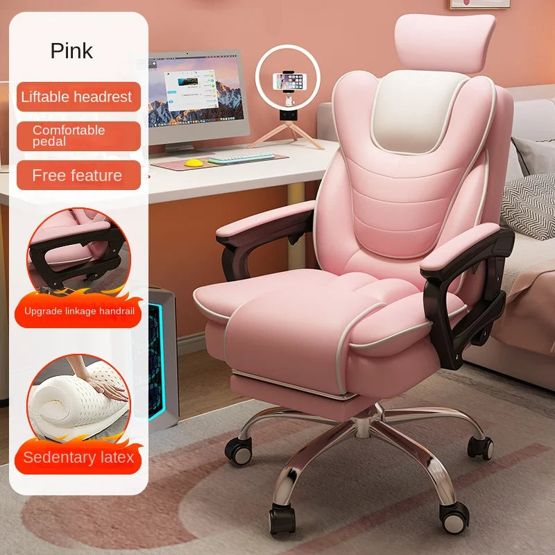 Pink Gaming Chair for Girls Home Computer Office Chair Comfortable Pink PU Leater Bedroom Sofa Reclining Writing Desk Chairs