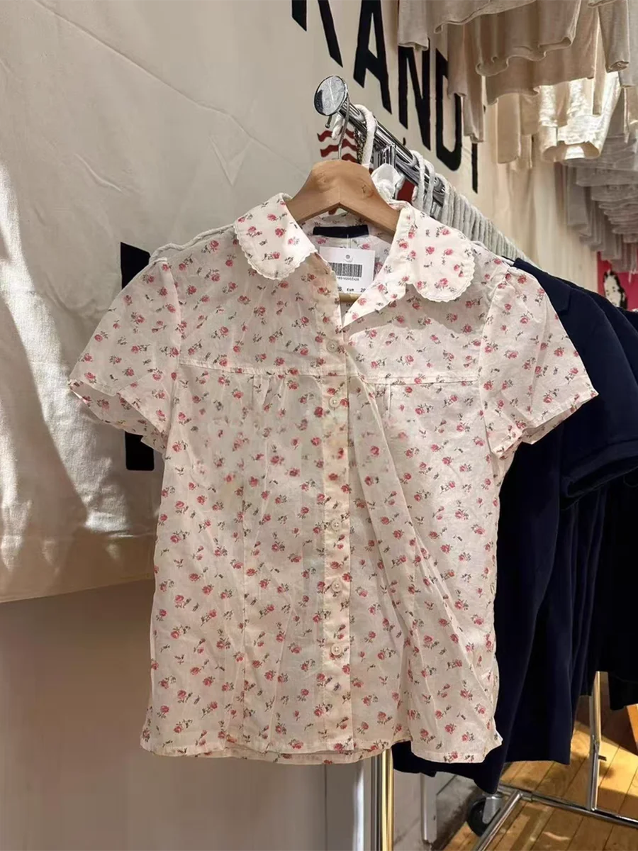 Blue Striped Short Sleeve Blouse Women Summer Peter Pan Collar Single Breasted Top Shirt Preppy Style Sweet Blouses Y2k 2025 New