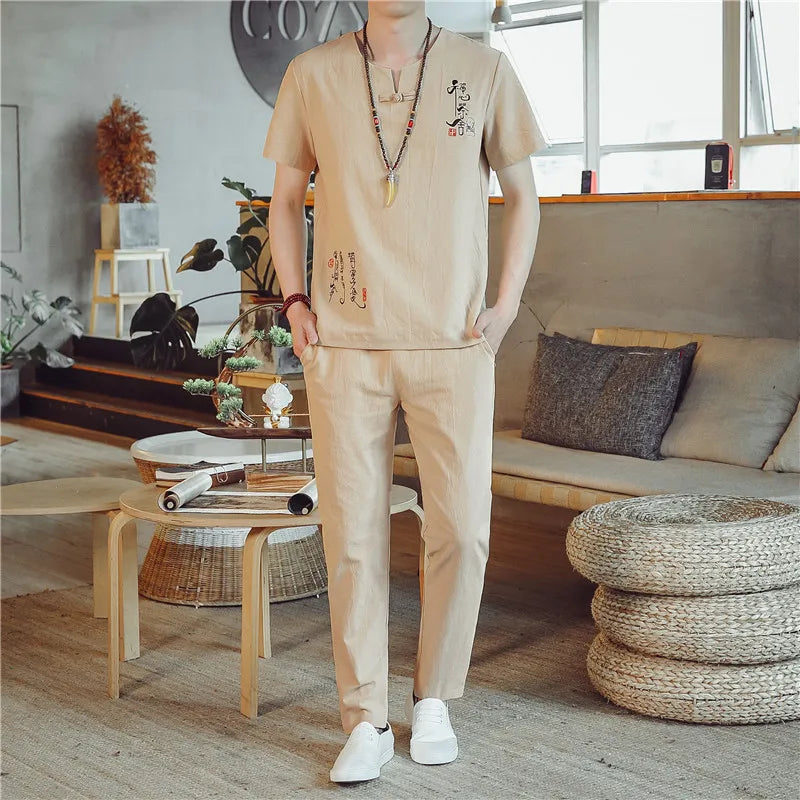 (Shirt + trousers)2025 summer Chinese Style men shirt Cotton and linen shirts men's High quality casual shirts Two Piece M-5XL