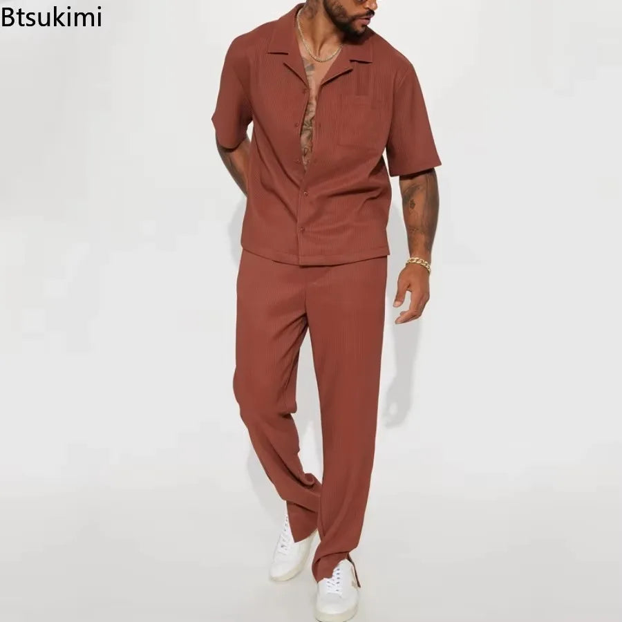 Fashion Mens Solid Color 2 Piece Suits Streetwear Trendy Loose Short Sleeve Lapel Shirt and Pants Outfits Men Summer Casual Sets