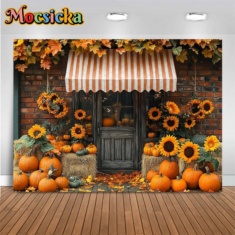Mocsicka Autumn Photography Background Fall Pumpkin Party Harvest Yellow Leaf Sunflower Door Decorations Birthday Photo Backdrop