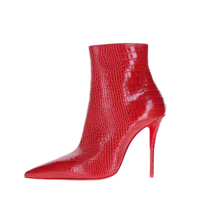 2025 European AndAmerican LuxuryCrocodile LeatherStilettoHigh Heels, Side ZipperPointed ShortBoots, Women's VersatileSuede Shoes
