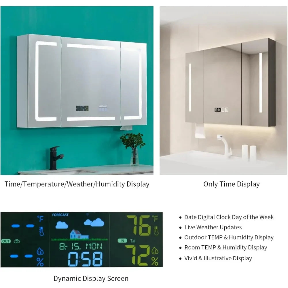 LED Medicine Cabinet with Smart Mirror, 48" Wide Bathroom Medicine Cabinet with Bluetooth& Speaker, Clock, Room Temp Display, D