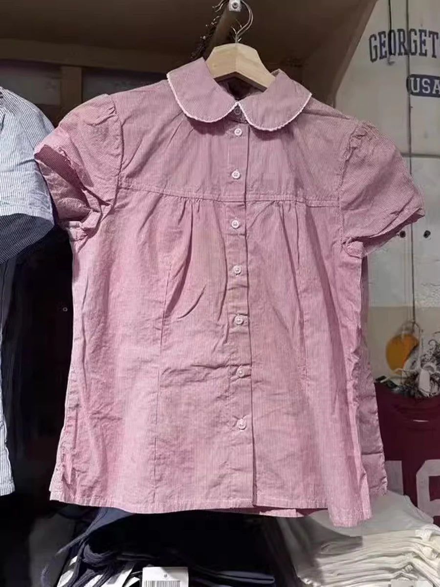 Blue Striped Short Sleeve Blouse Women Summer Peter Pan Collar Single Breasted Top Shirt Preppy Style Sweet Blouses Y2k 2025 New