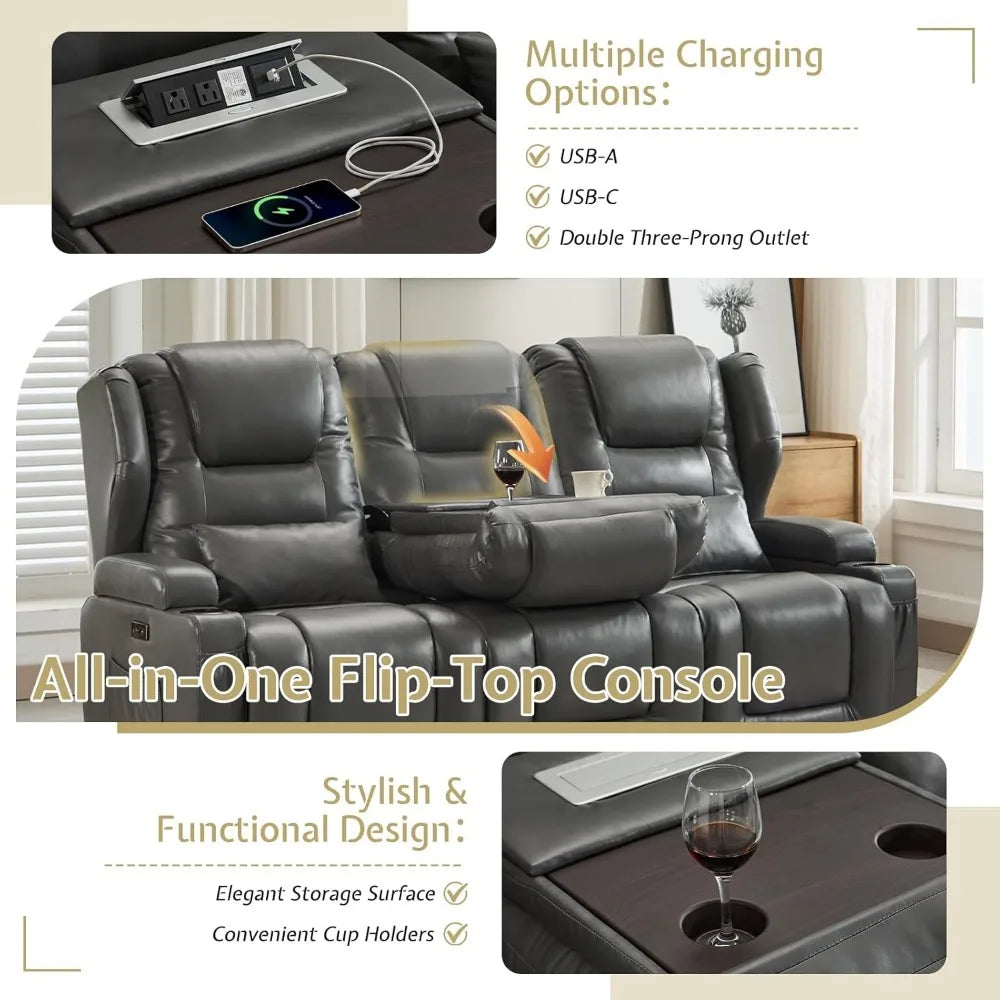 Loveseat Recliner Sofa with Power Recline, Adjustable Split Back, Multi-Port Charger, Flip-Up Backrest & LED Lighting – Home Th