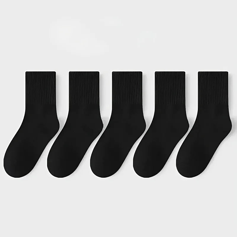 5-piece set of children's black and white solid color mid-calf socks - breathable polyester blend, ribbed texture, comfortable f