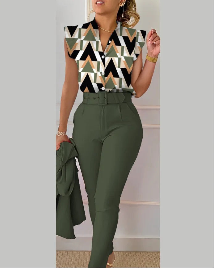 Elegant Womens Slim Two-Piece Sets Summer Fashion Print V Neck Button Flying Sleeve Shirt Top & Solid Long Pants Suits With Belt