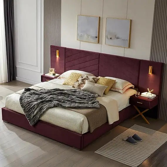 Luxurious King Platform Bed Frame, Velvet Upholstered Headboard with 2 Built-in Wall Sconces & Nightstands, Sturdy Metal & Solid