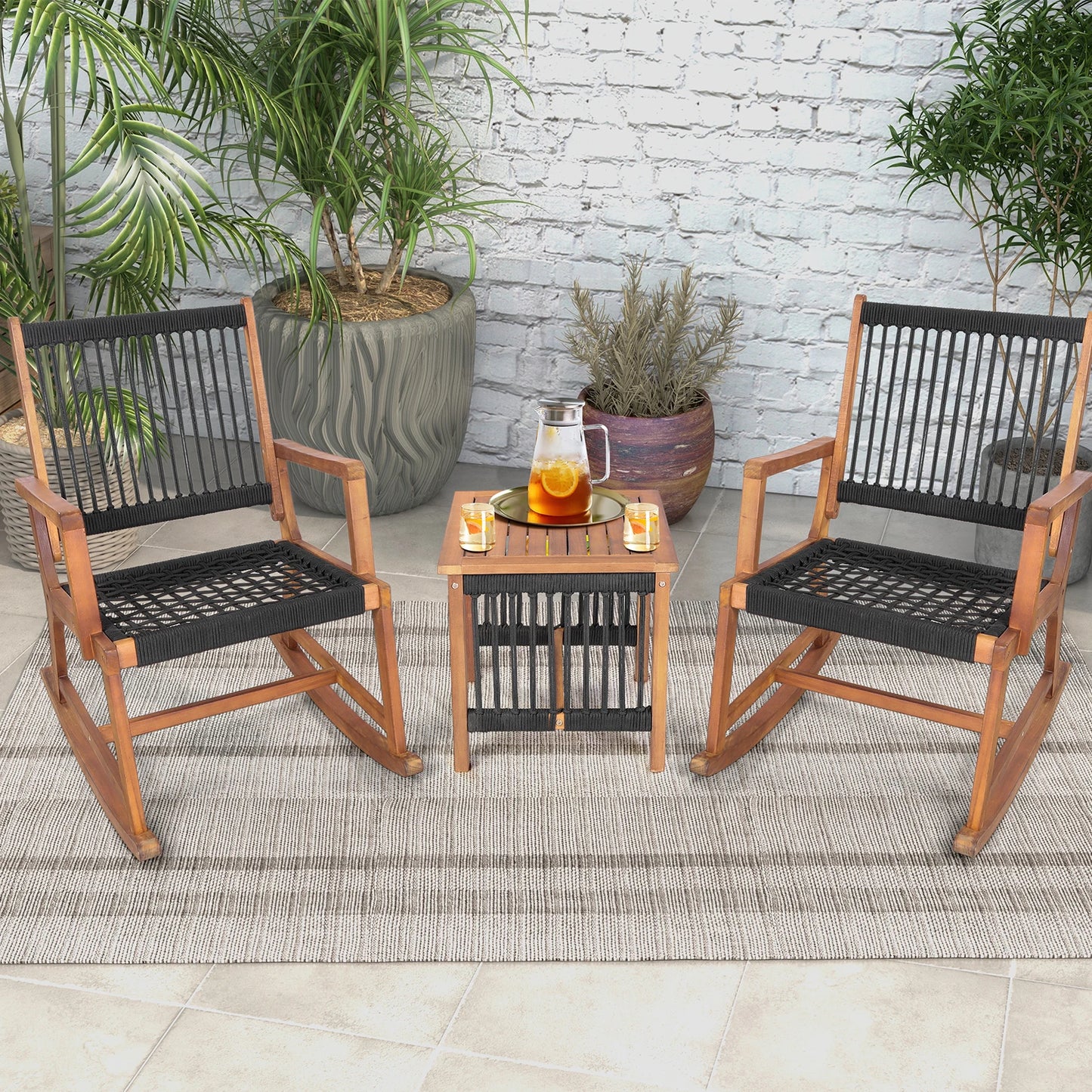 3pcs Patio Acacia Wood Bistro Table Rocking Chair Set All-Weather Rope Outdoor