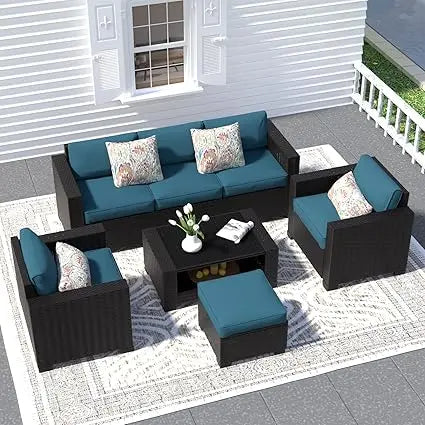 7 Piece Patio Furniture Set, Wicker Outdoor Sectional Sofa with Washable Cushion Covers and Tempered Glass Table, Rattan Convers