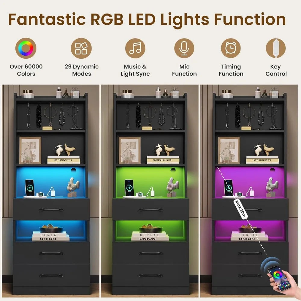 Tall Nightstand with Charging Station and LED Lights, Large Black Night Stand with Bookshelf, Modern LED Bedside Table with 3 D