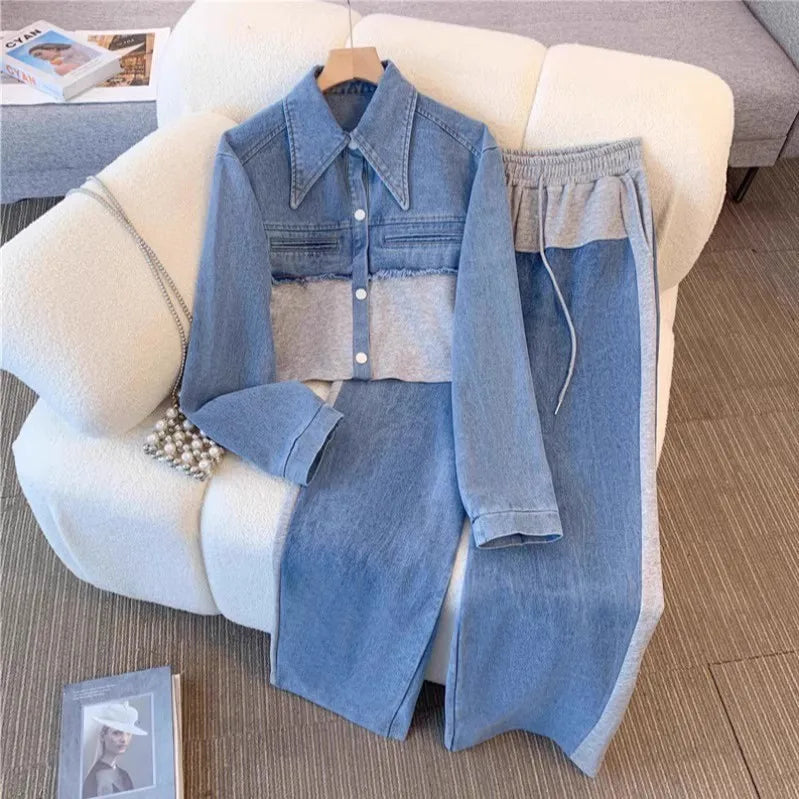 Two Piece Sets Women Pant Set Denim Splice Matching