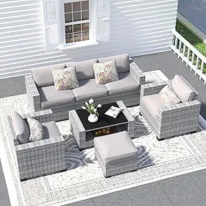 7 Piece Patio Furniture Set, Wicker Outdoor Sectional Sofa with Washable Cushion Covers and Tempered Glass Table, Rattan Convers