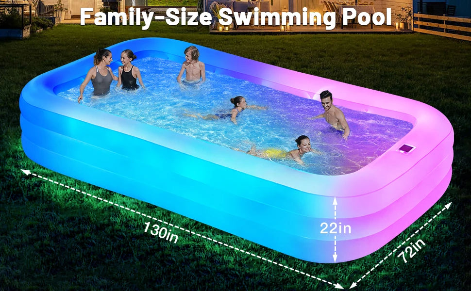 Inflatable Pool with Lights, 130"x72"x22" Solar Inflatable Swimming Pool with Air Pump for Kids, Adults, Family, 7 Color Large B