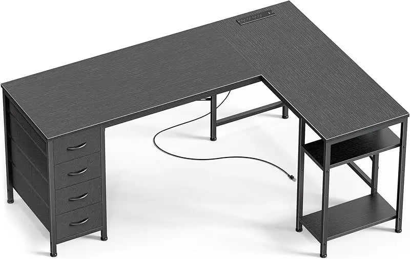 55 Inch L Shaped Desk with Fabric Drawers, Reversible Computer Gaming Desk with Power Outlets and USB-C Port, Adjustable Side S
