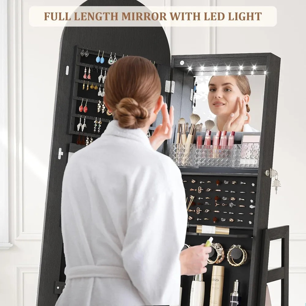 LED Mirror Jewelry Cabinet Standing, Lockable Jewelry Armoire with Arched Full-Length Mirror and Adjustable LED Lights, Space-S