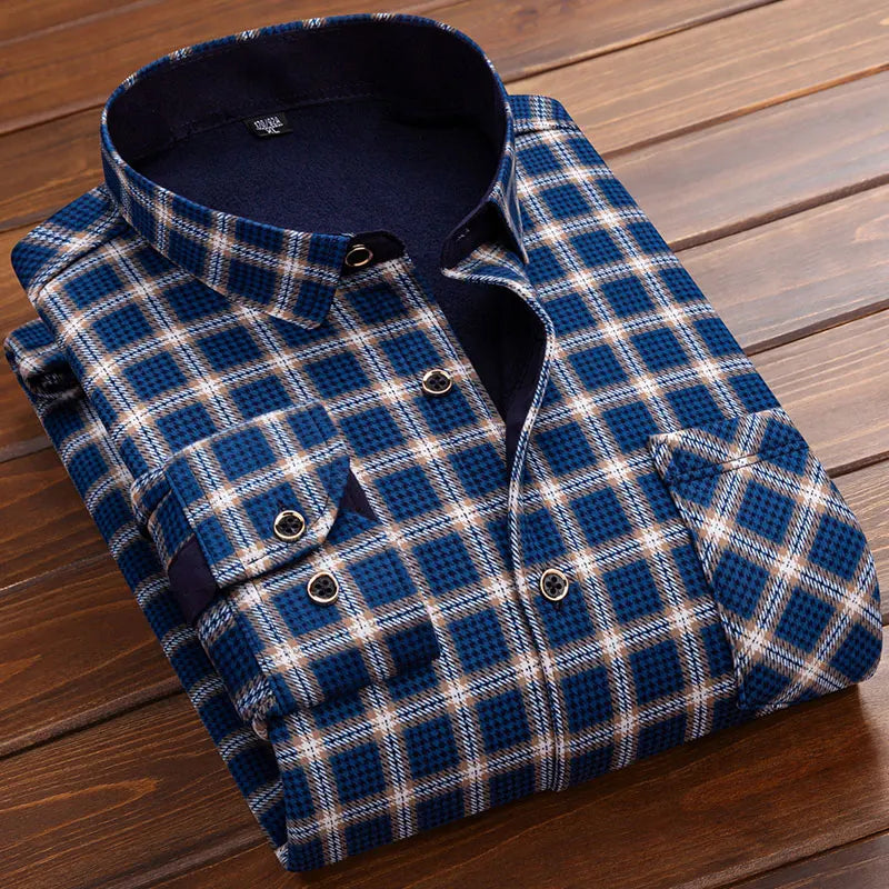 2025 Men's Autumn Winter Thick Warm Long Sleeve Plaid Shirt