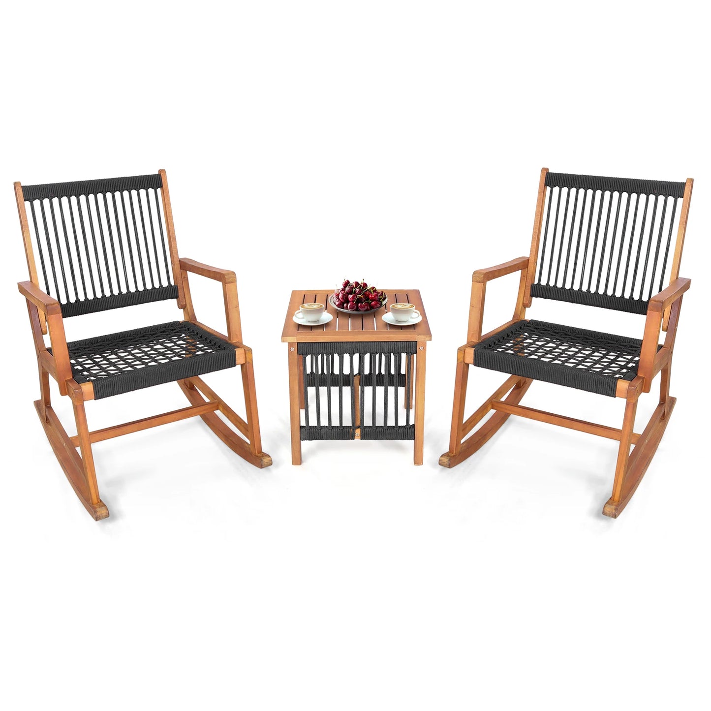 3pcs Patio Acacia Wood Bistro Table Rocking Chair Set All-Weather Rope Outdoor