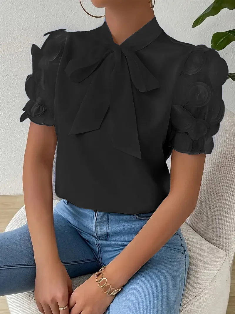 Summer Short Sleeve Blouses For Women 2025 Fashion Loose Bow O-neck White Tops Casual Ladies Shirts Elegant