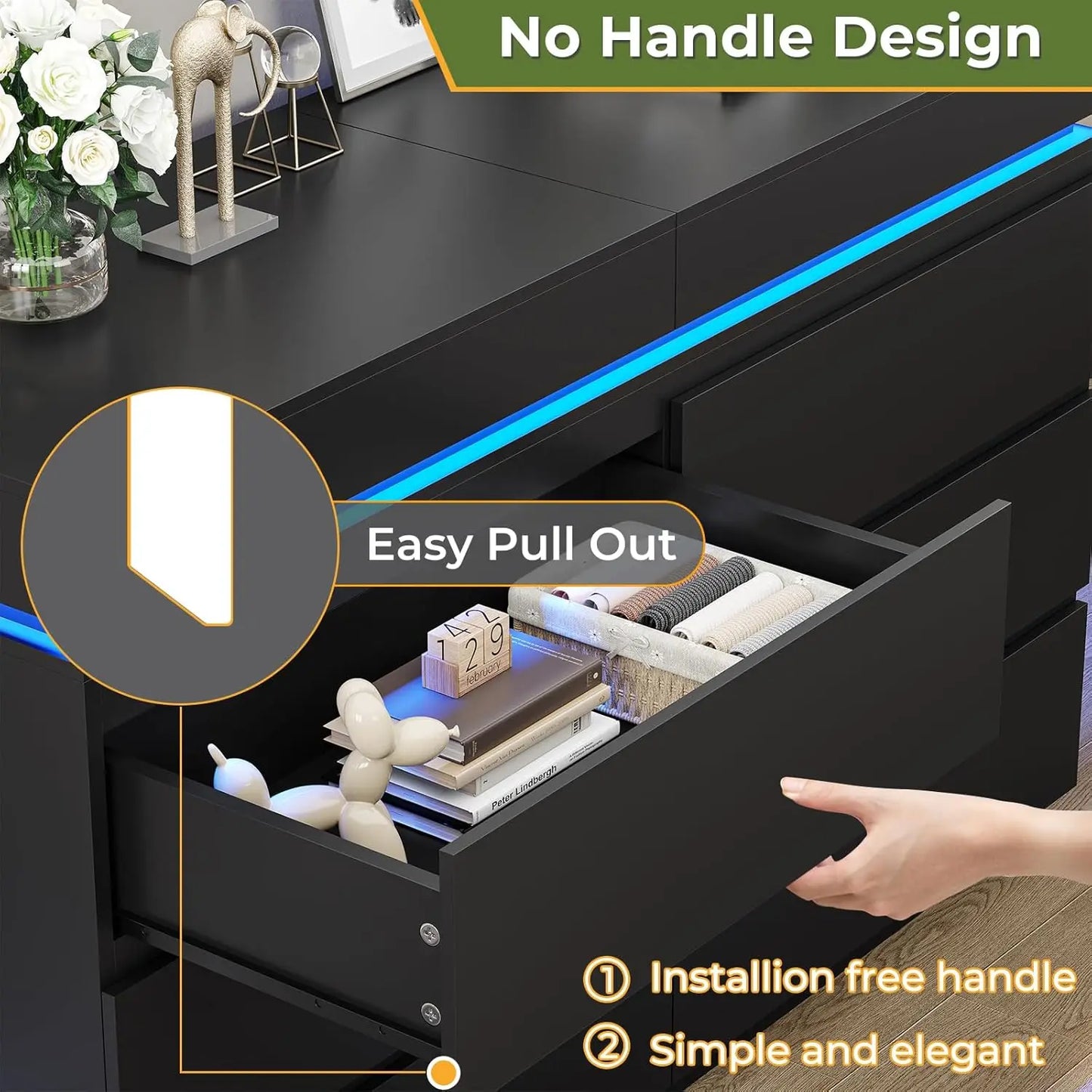Modern 6 Drawer Dresser with Sliding Desktop,Wide Chest of Drawers with Charging Station& LED Lights,Large Storage Tower Clothes