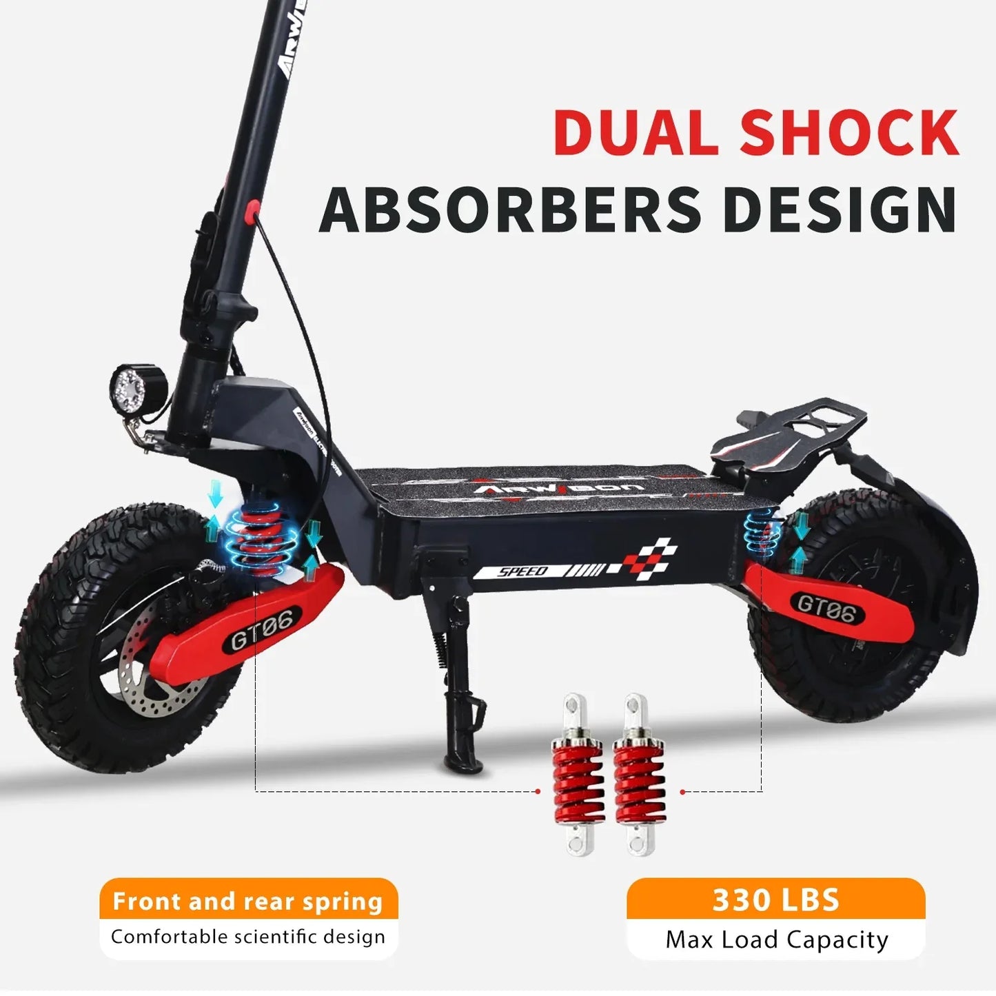 Adult electric scooter, electric commuting scooter, range of 28 miles, 1200W motor dual braking system and shock absorption