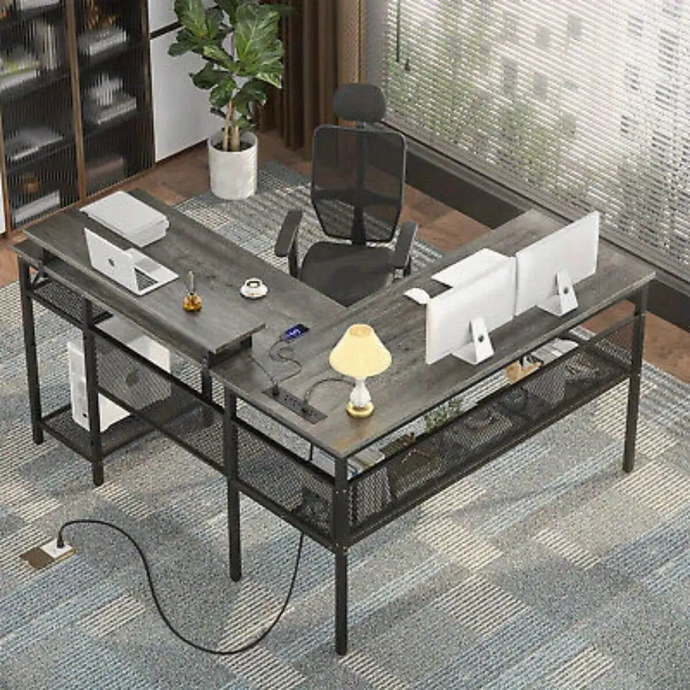 L-shaped computer desk with lighting in more than 60, 000 colors, unique grid back plate and grid bookshelves