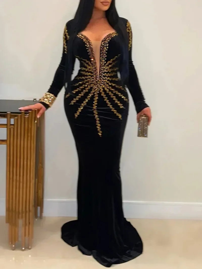 2025 Elegant Diamonds Velvet Long Party Dress for Women Sexy Deep V Evening Gown Formal Black Slim Dress Robe