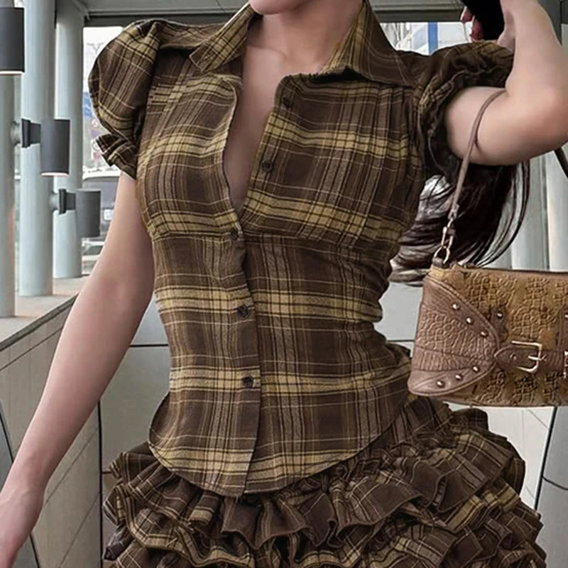 BIIKPIIK Vintage Plaid Short Sleeve Casual Shirts Gentle Sweet Turndown Collar Button Frill Puff Sleeve Shirt Spring Summer Tops